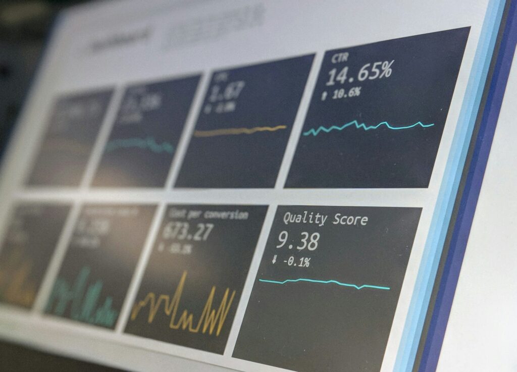 KI im Controlling: Monitor mit Kennzahlen-Übersicht und Diagrammen