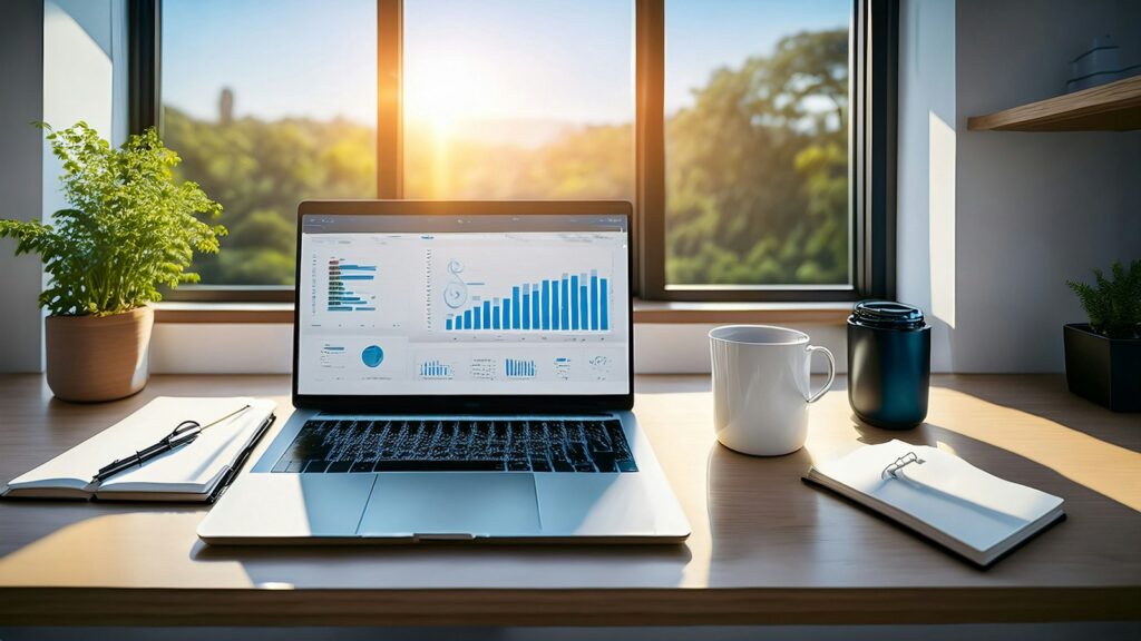 Laptop mit Finanzdiagrammen am Fenster als Symbol für Wachstumsfinanzierung im Mittelstand